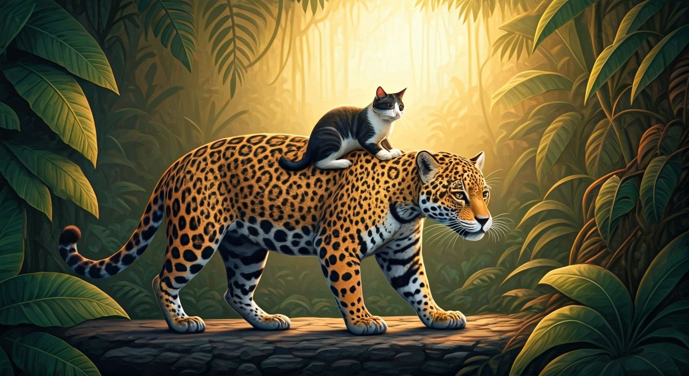 Jaguar and Cat Friendship in Lush Jungle, Oil Painting