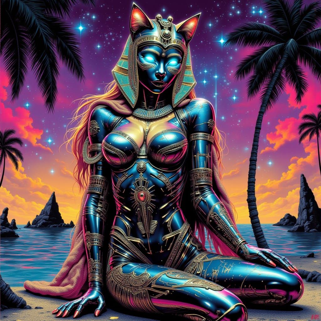 Cyberpunk Sphinx Cat Cyborg on Egyptian Beach