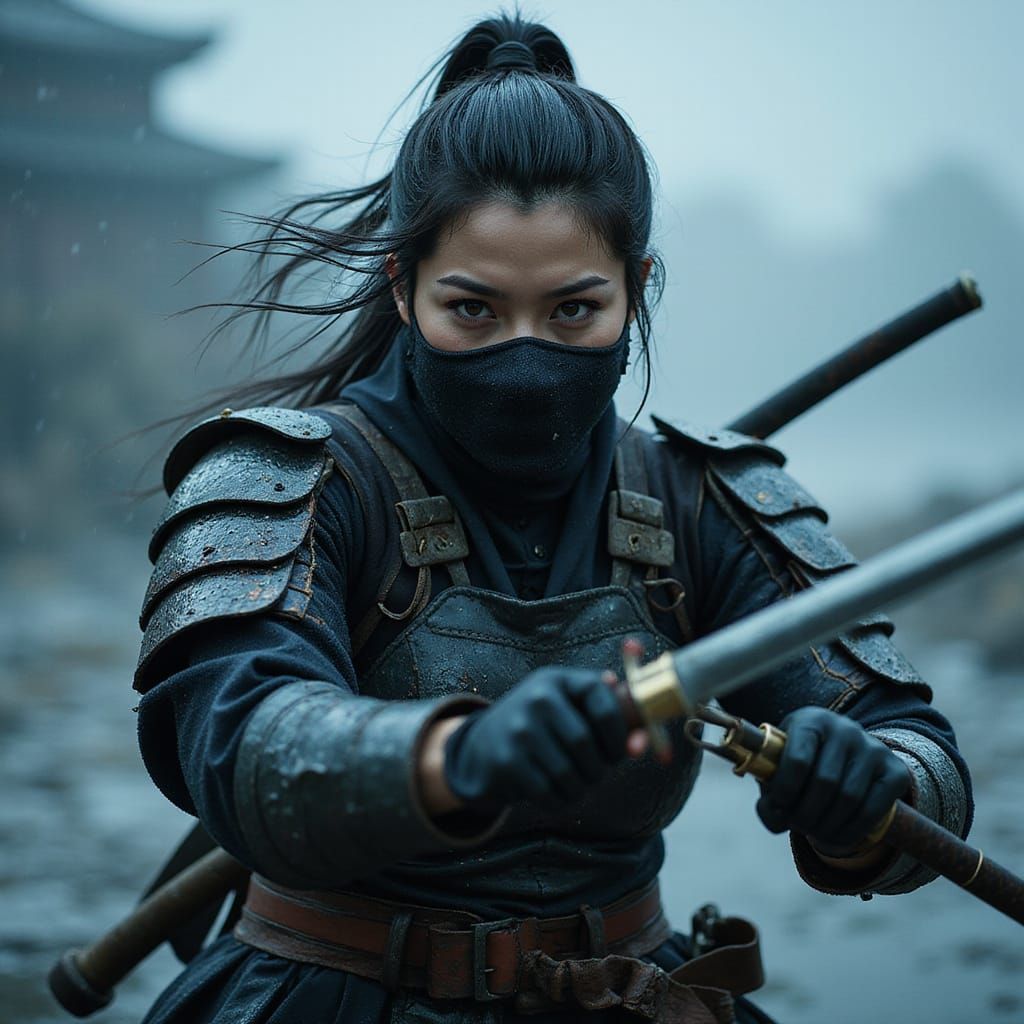 Female Ninja in Stormy Battle Stance
