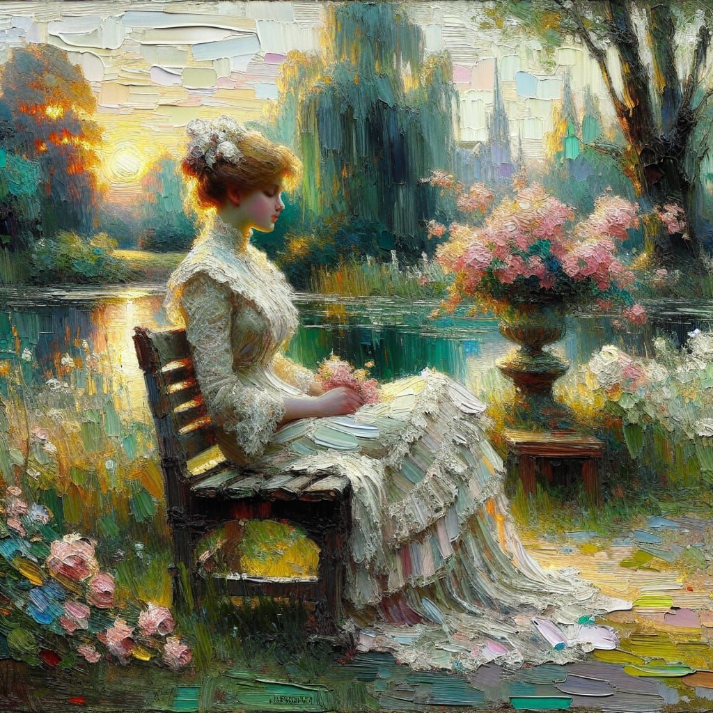 Whimsical Garden Scene in a Romantic Oil Painting