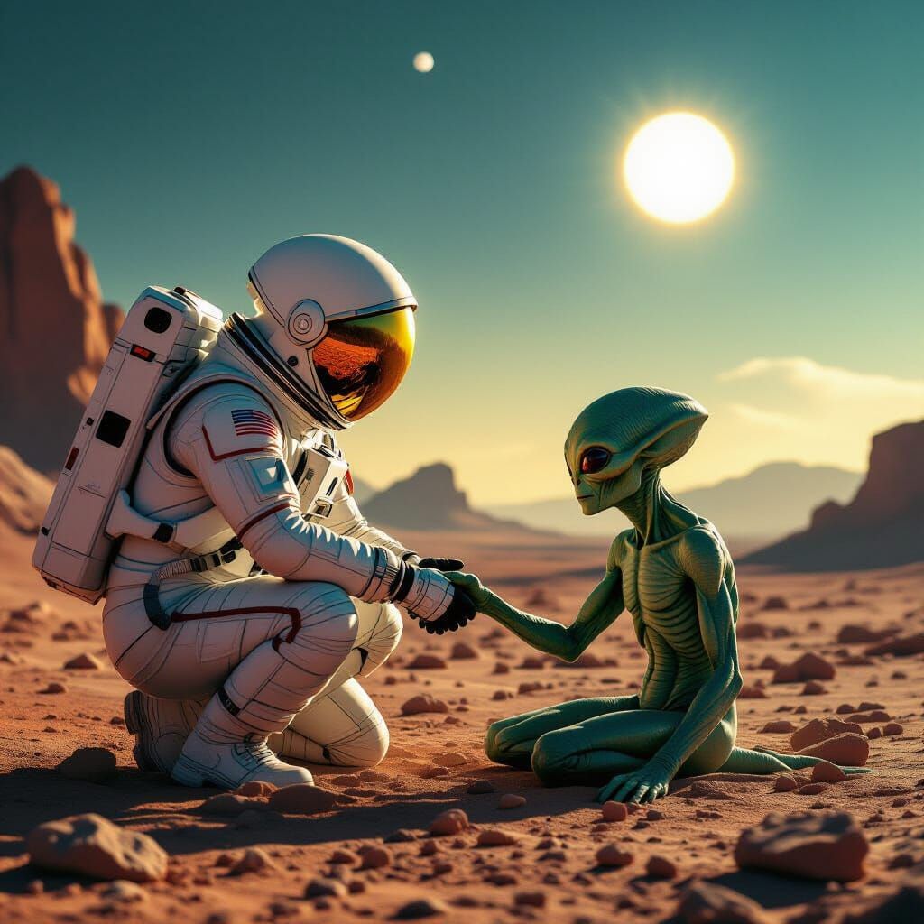 Astronaut Rescues Alien on Rocky Planet Under Twin Suns