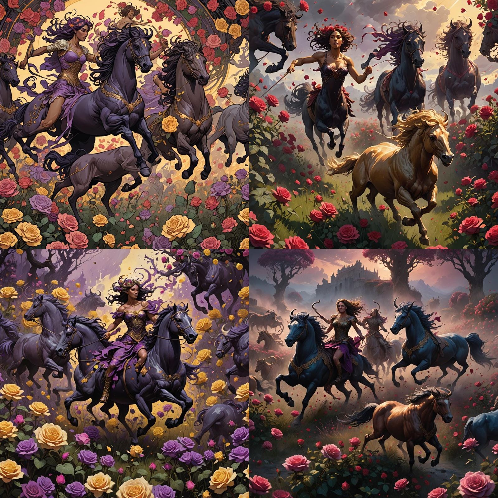 Centaurs Galloping Through Rose Field: Dark Fantasy Art