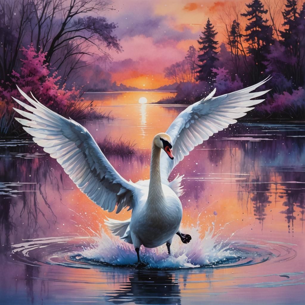 Swan Landing: Chalk Art with Watercolor Effects