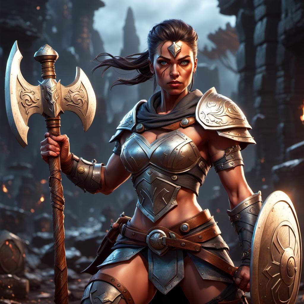 Female Warrior with Axe in Comic Book Style