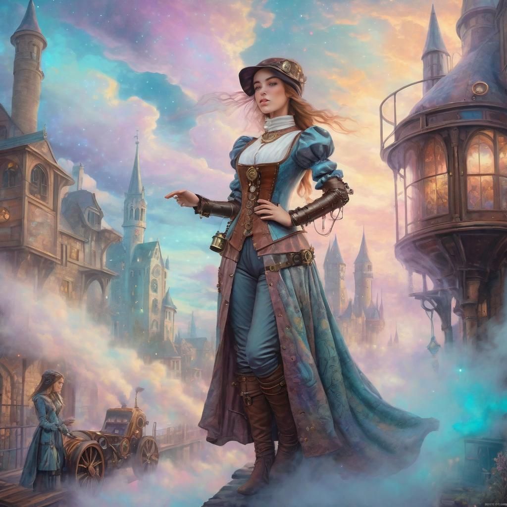 Young Women in medieval Clothes in a Steampunk Fantasy World, Steampunk, ethereal fantasy , Soft Colors, Soft Texture, d...