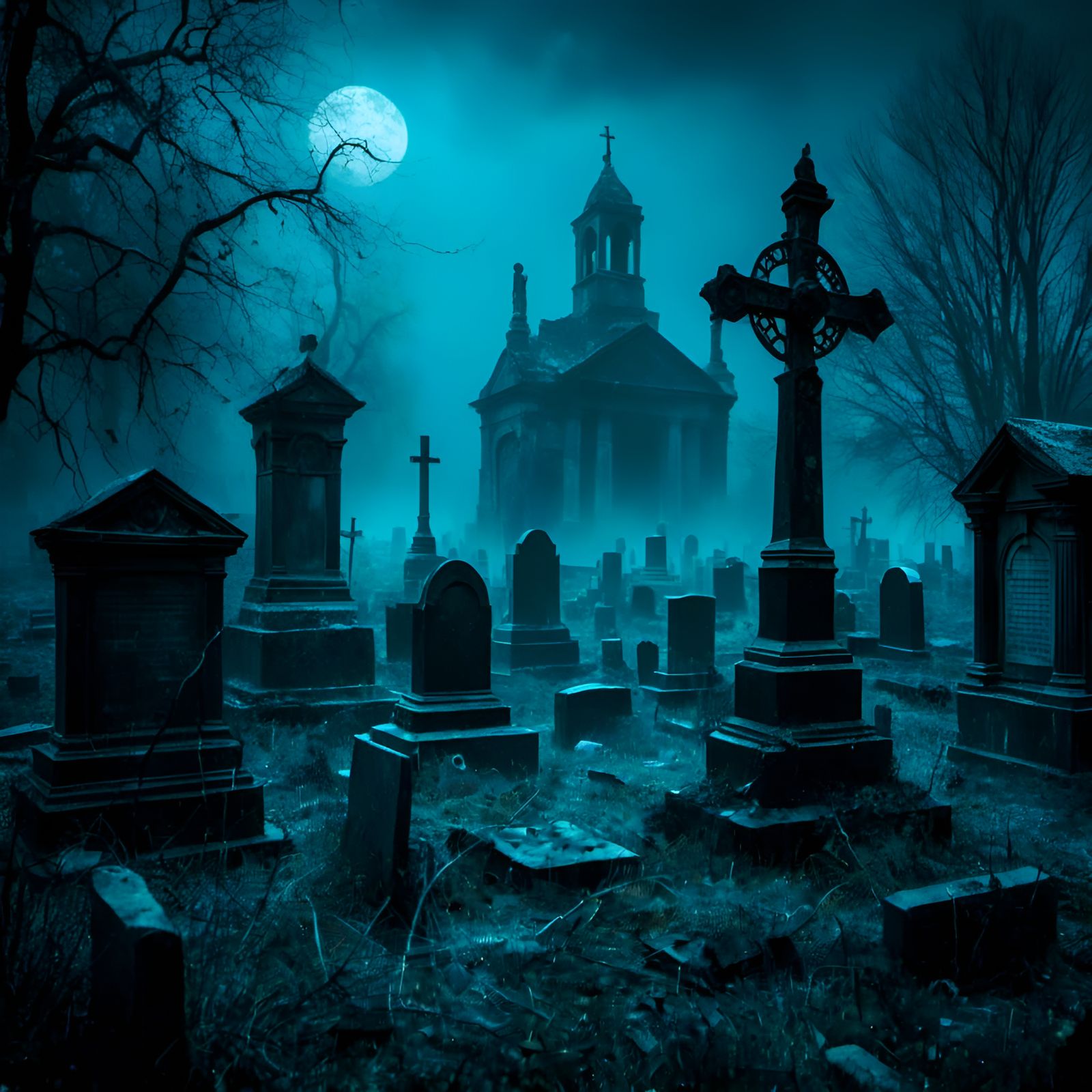 Epic Macabre Cemetery Illustration in Blue and Black