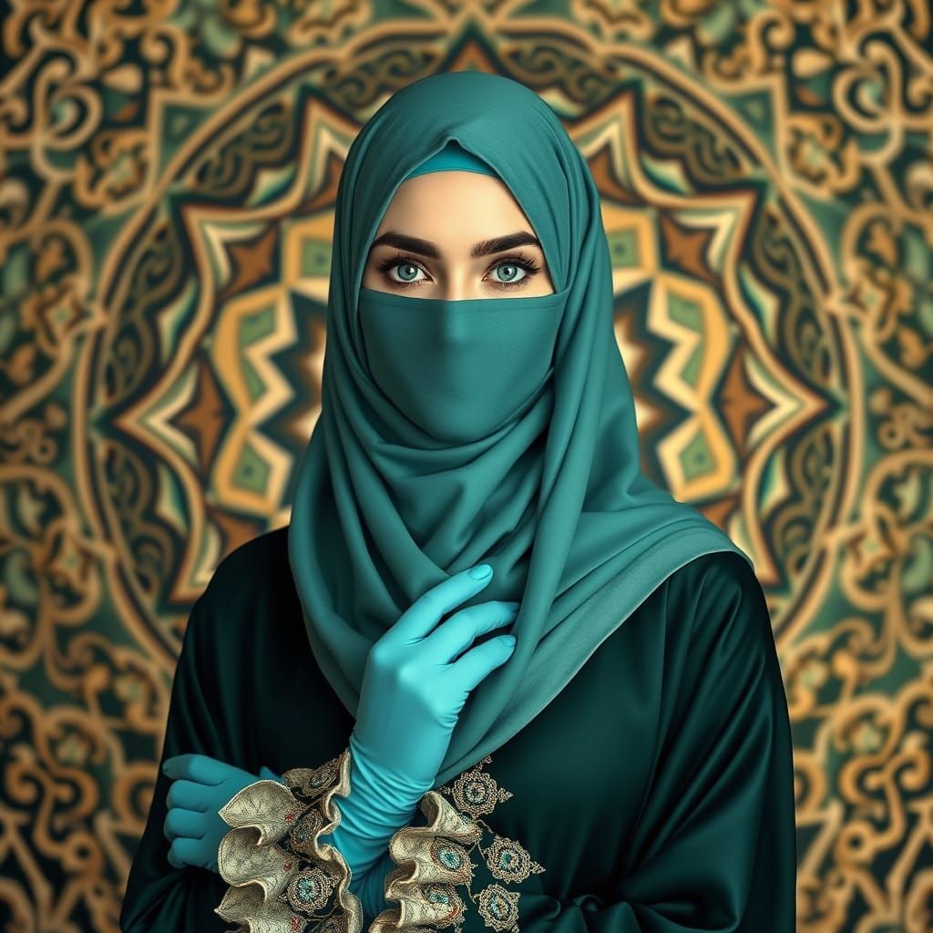 Elegant Muslim Woman in Midnight Green Abaya, Under Crescent...