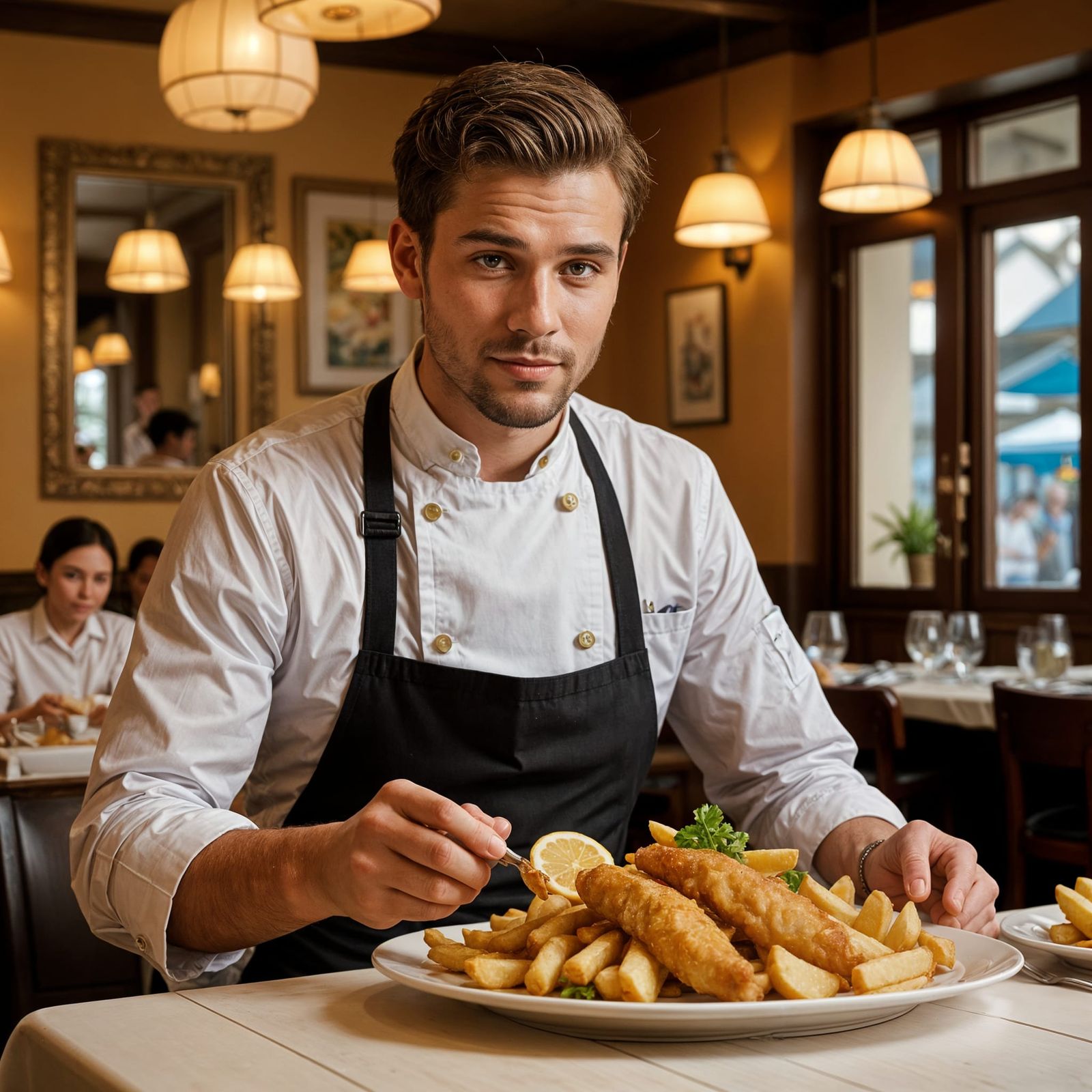 Fine Dining Scene in a Cozy Seaside Restaurant