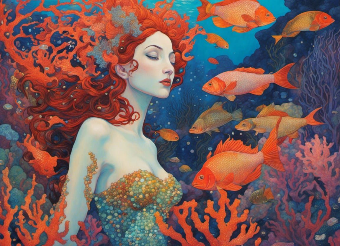 Ethereal Mermaid with Pearl Bra in Fantasy Underwater Scene
