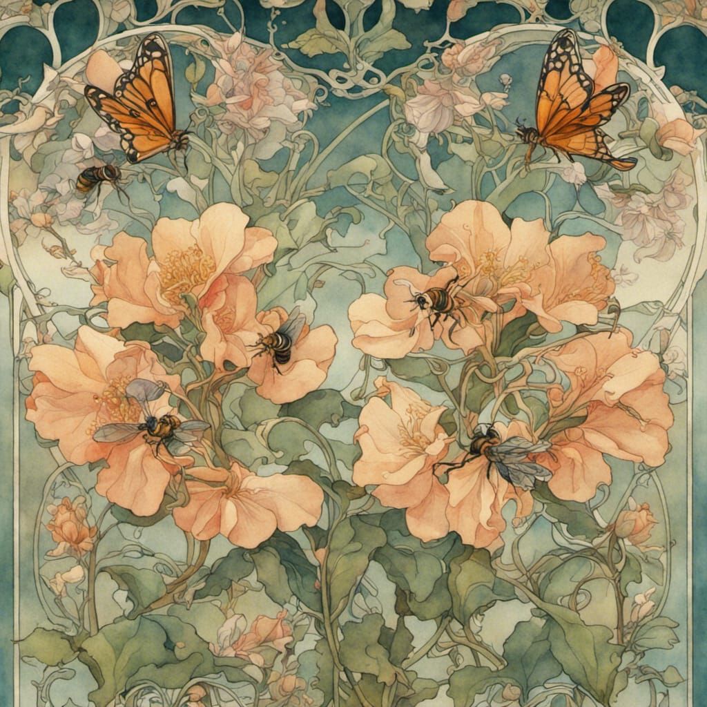 Art Nouveau Watercolour Honeysuckle with Bees