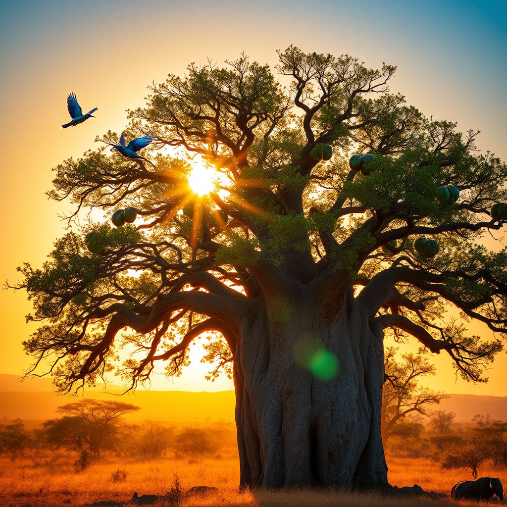 Majestic Baobab Tree in Vibrant African Sunrise