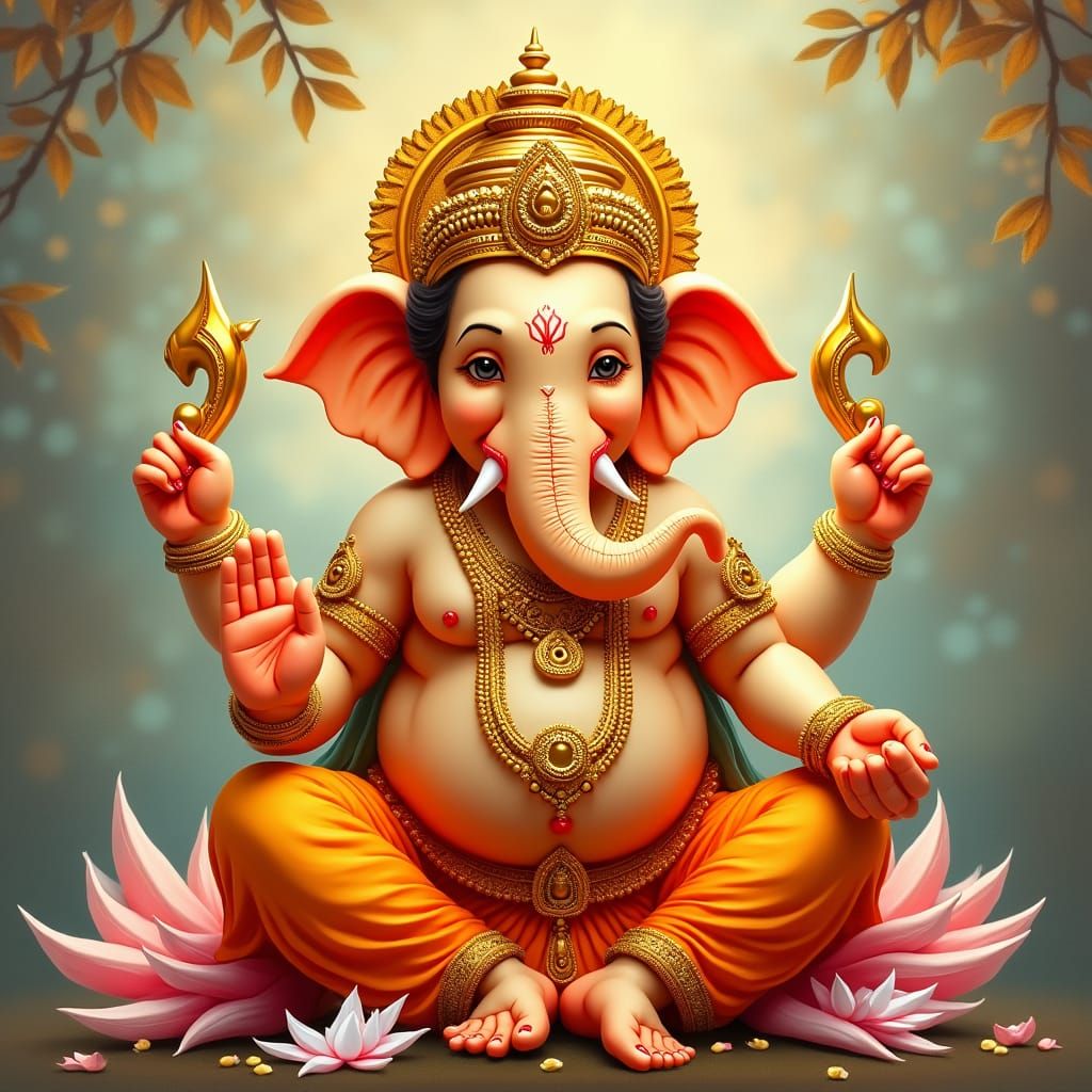 Lord Ganesha Blessing Viewers in Indian Folk Art Style