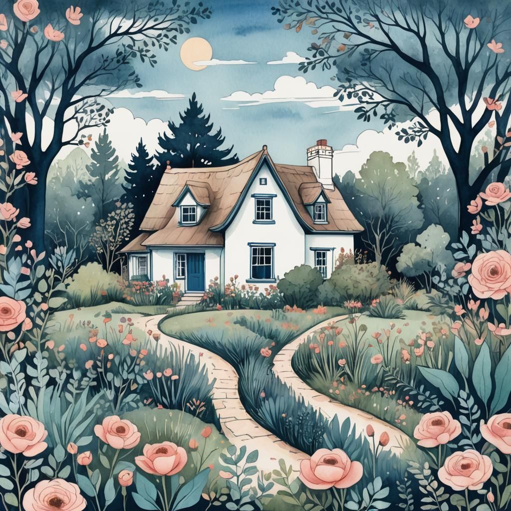 Whimsical Cape Dutch Homestead in Earthy Watercolor Style