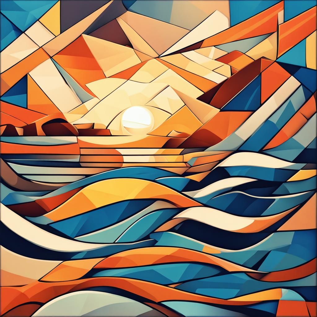 Cubist Sea Waves at Sunset, Art Deco Style