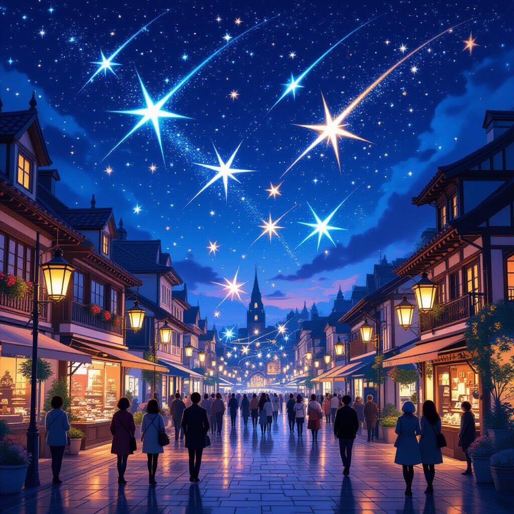 Starfall Night Town Square Decorated with Shooting Star Ligh...
