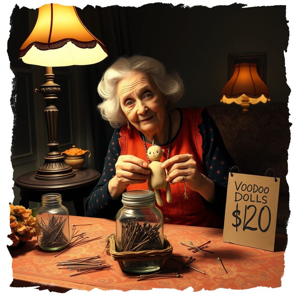 Mysterious Old Lady Crafts Voodoo Dolls by Table Lamp Light
