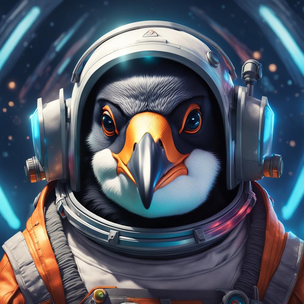 Penguin in Spacesuit Portrait, Detailed Concept Art