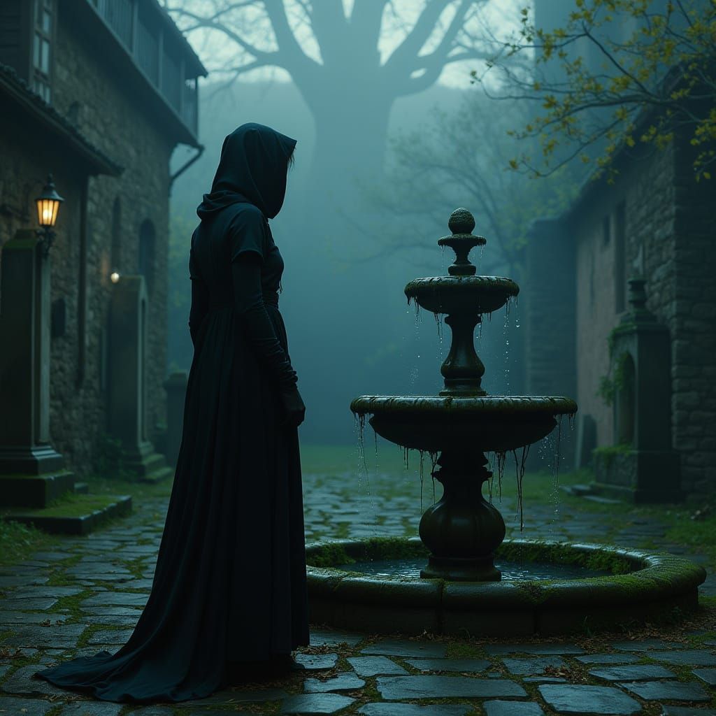 Eerie Woman by Fountain in Graveyard Courtyard
