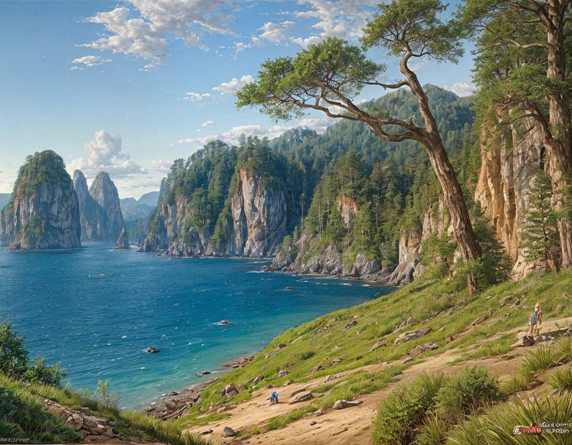 Ewok Cliff Village in Primitivist Oil Painting Style