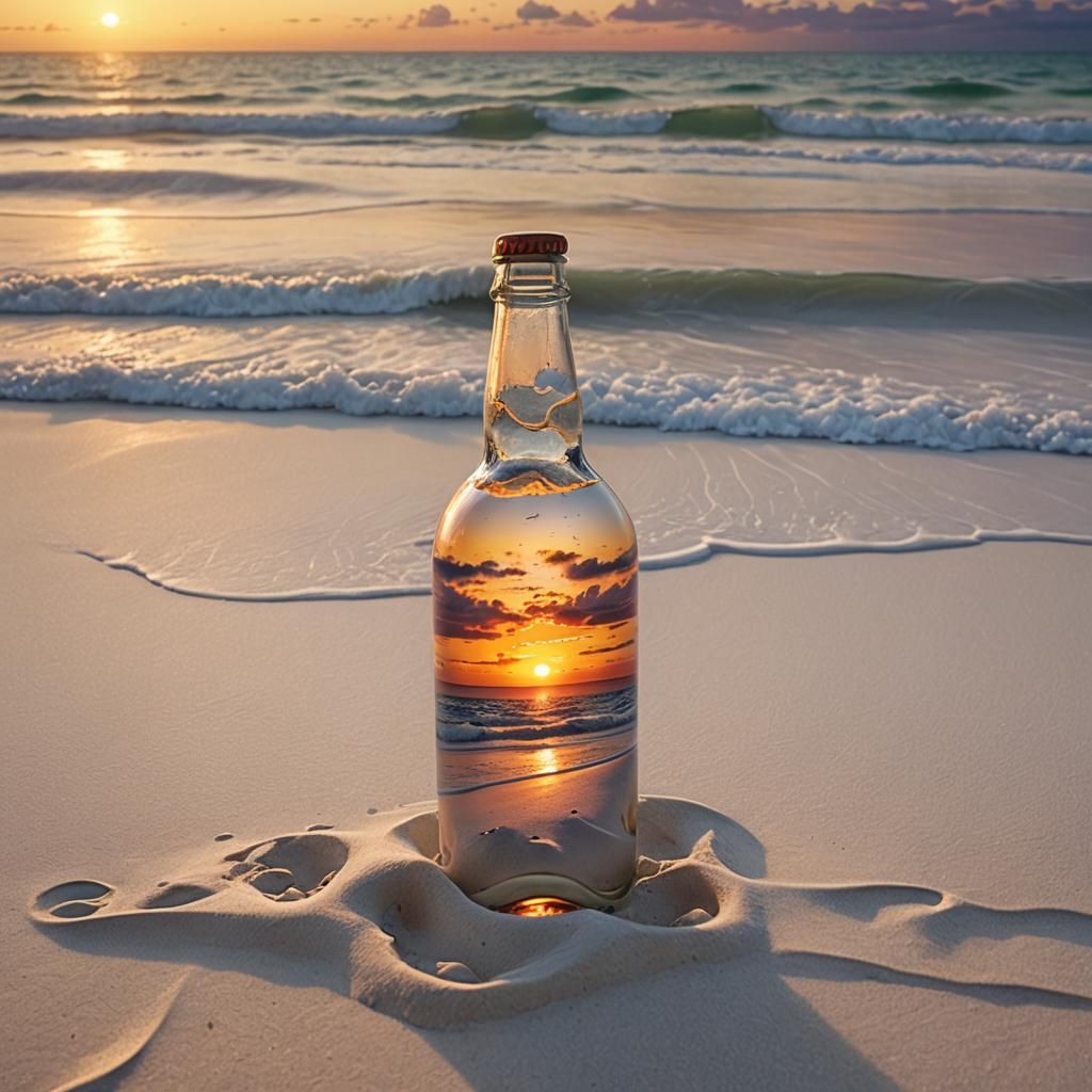 Vibrant Sunset Beach Through Bottle, Matte Painting