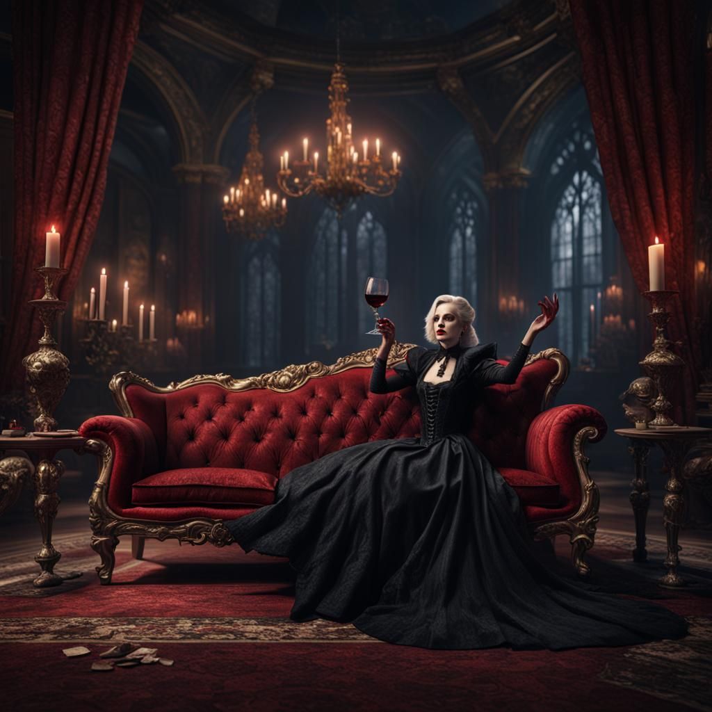 Vampire in Black Gown: Detailed Matte Painting