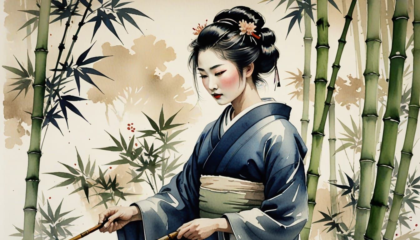 Geisha Calligraphy in Bamboo Garden as Sumi-e Painting