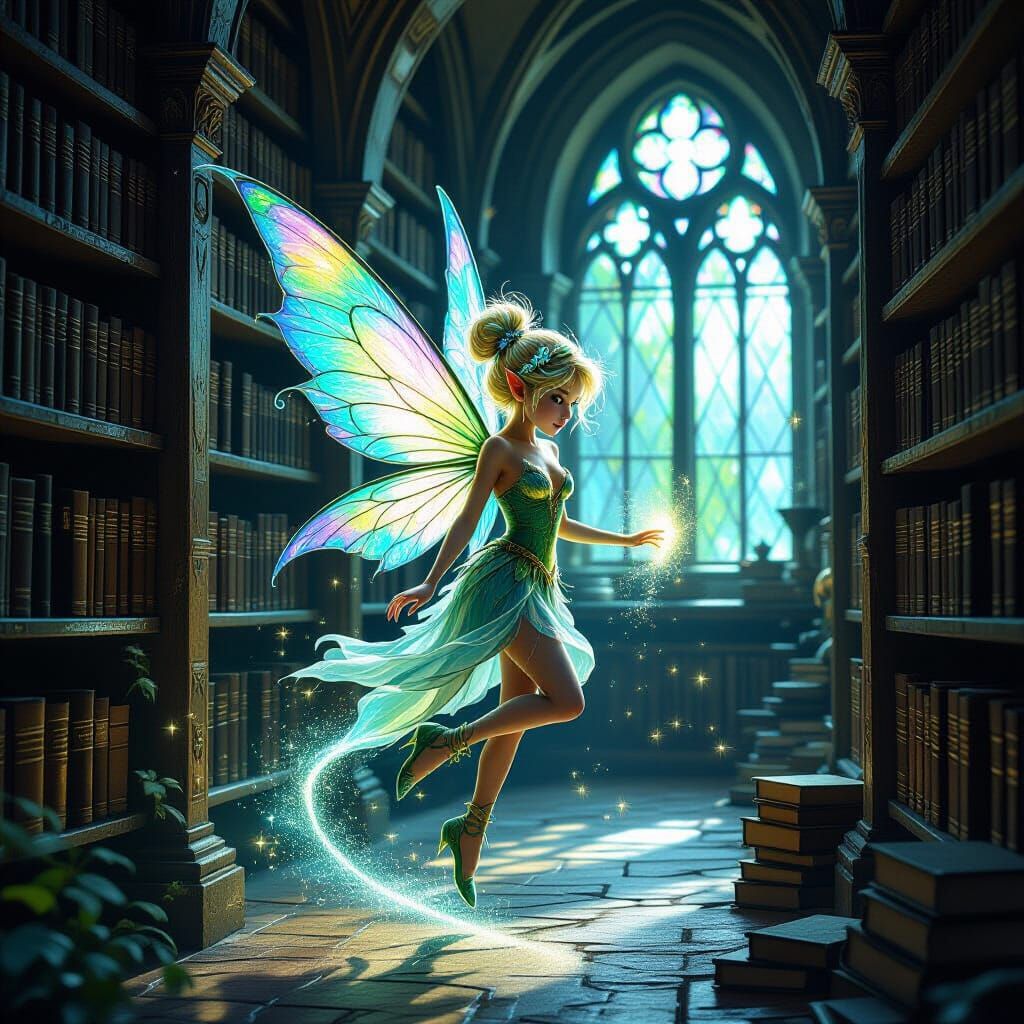 Bioluminescent Pixie in Mystical Library, Fantasy Art