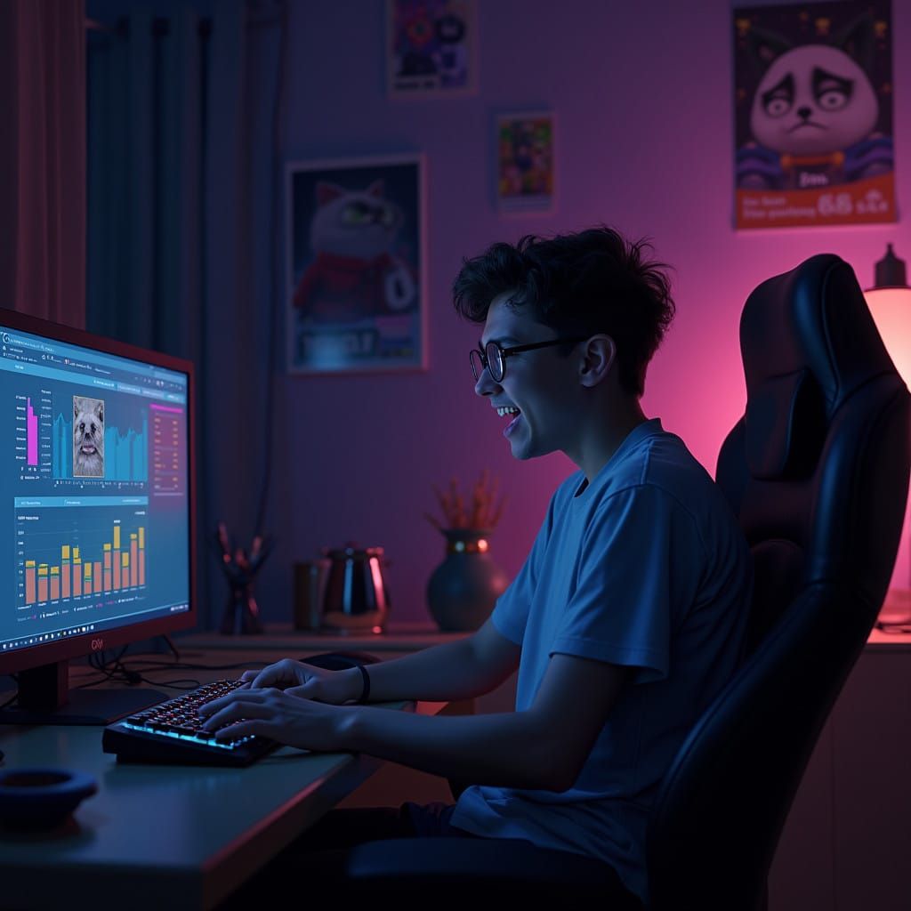 Ecstatic Gamer Unleashes Memecoin Fortune in Darkened Room