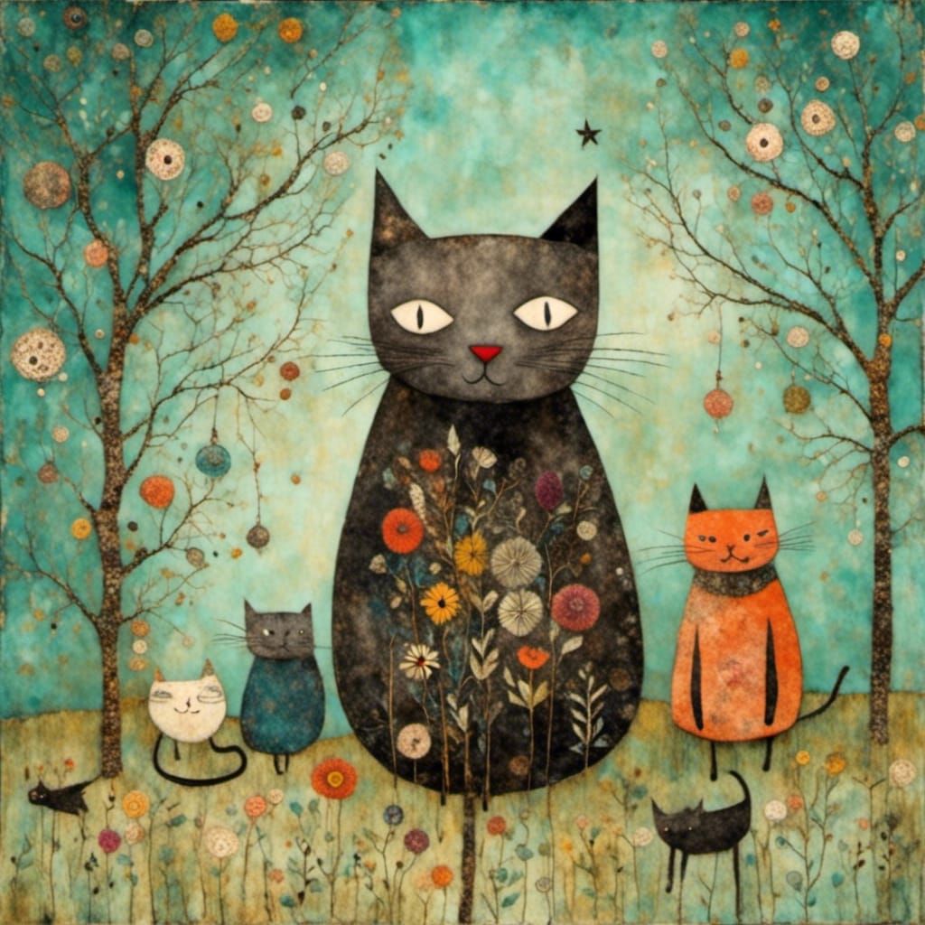 Whimsical Black Cat and Friends Illustration