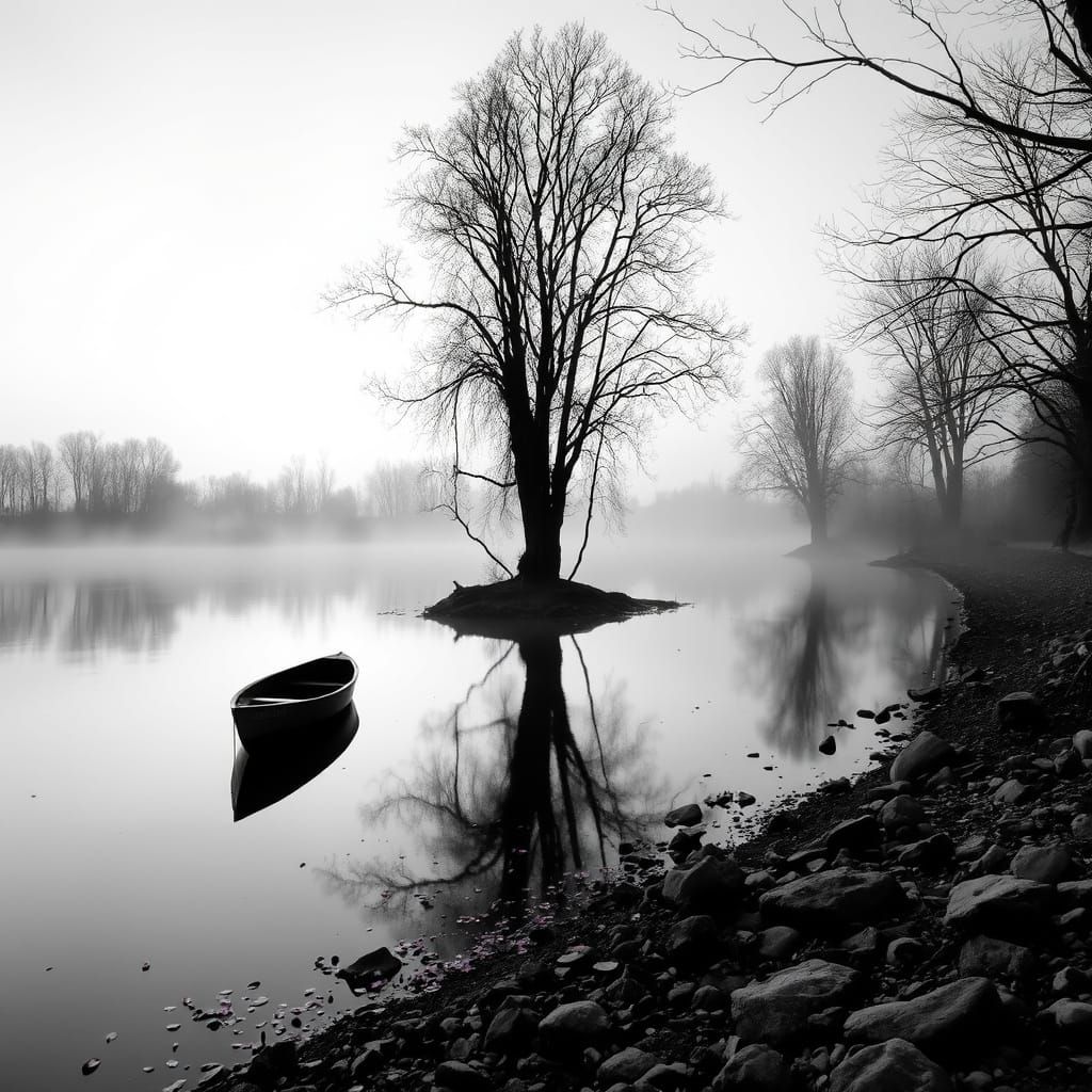 Black and White Lake at Dawn with Lilac Touches