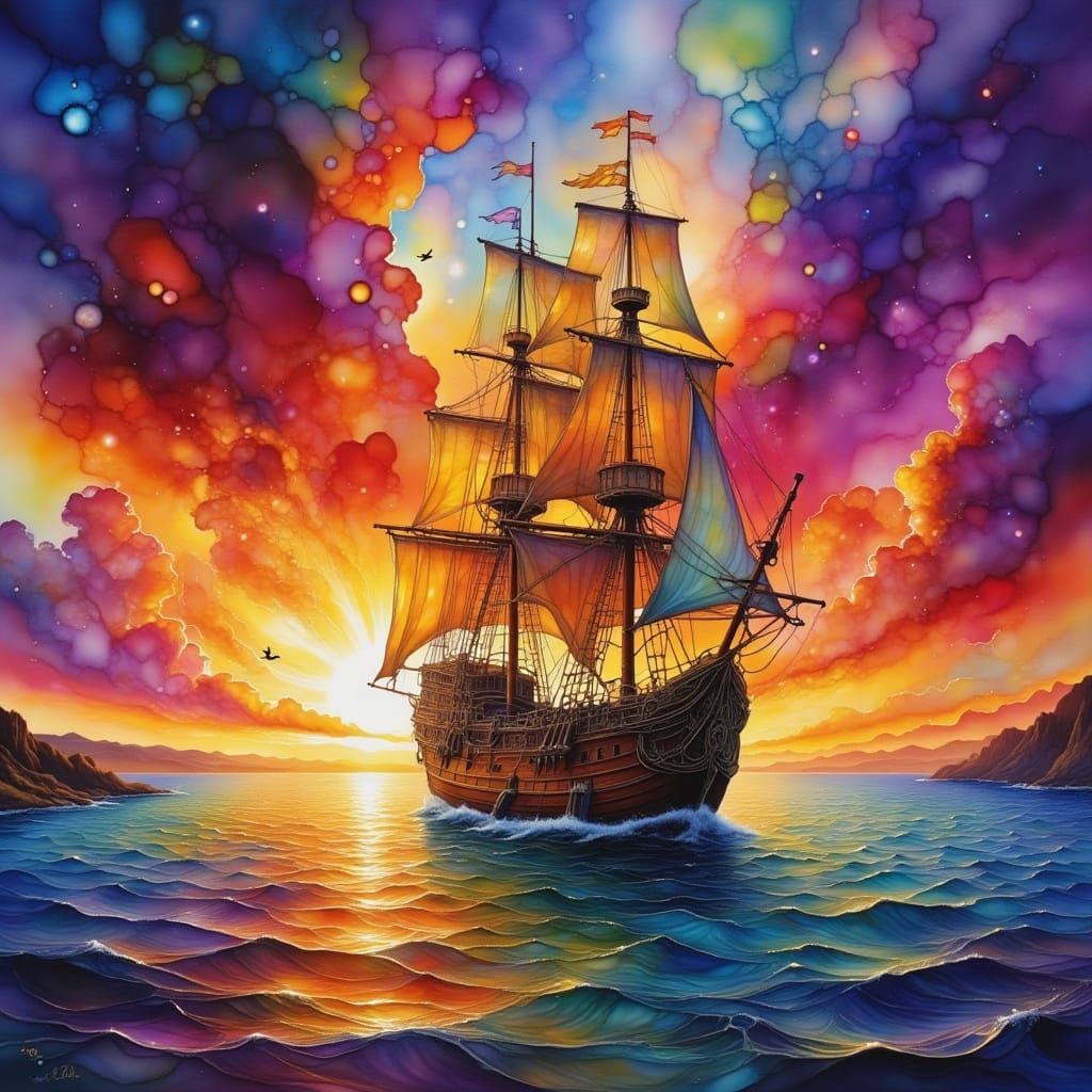 Galleon Sailing at Sunset in Luminous Oil Painting Style