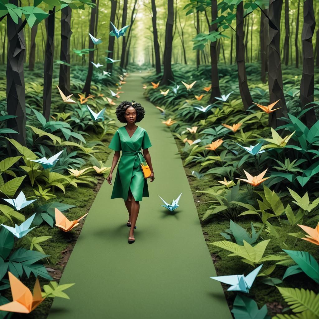 Black Woman on Forest Path in Origami Style