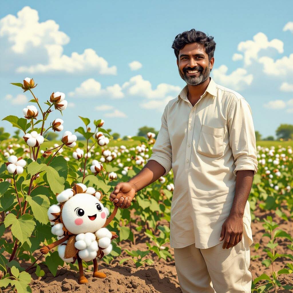 Indian Farmer's Joyful Cotton Field Encounter