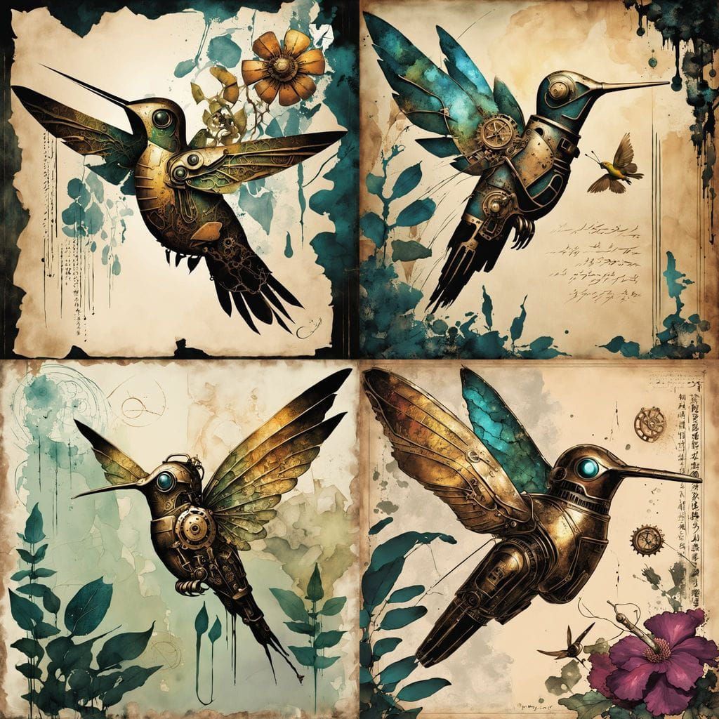 Steampunk Robot Hummingbird in Bioluminescent Jungle