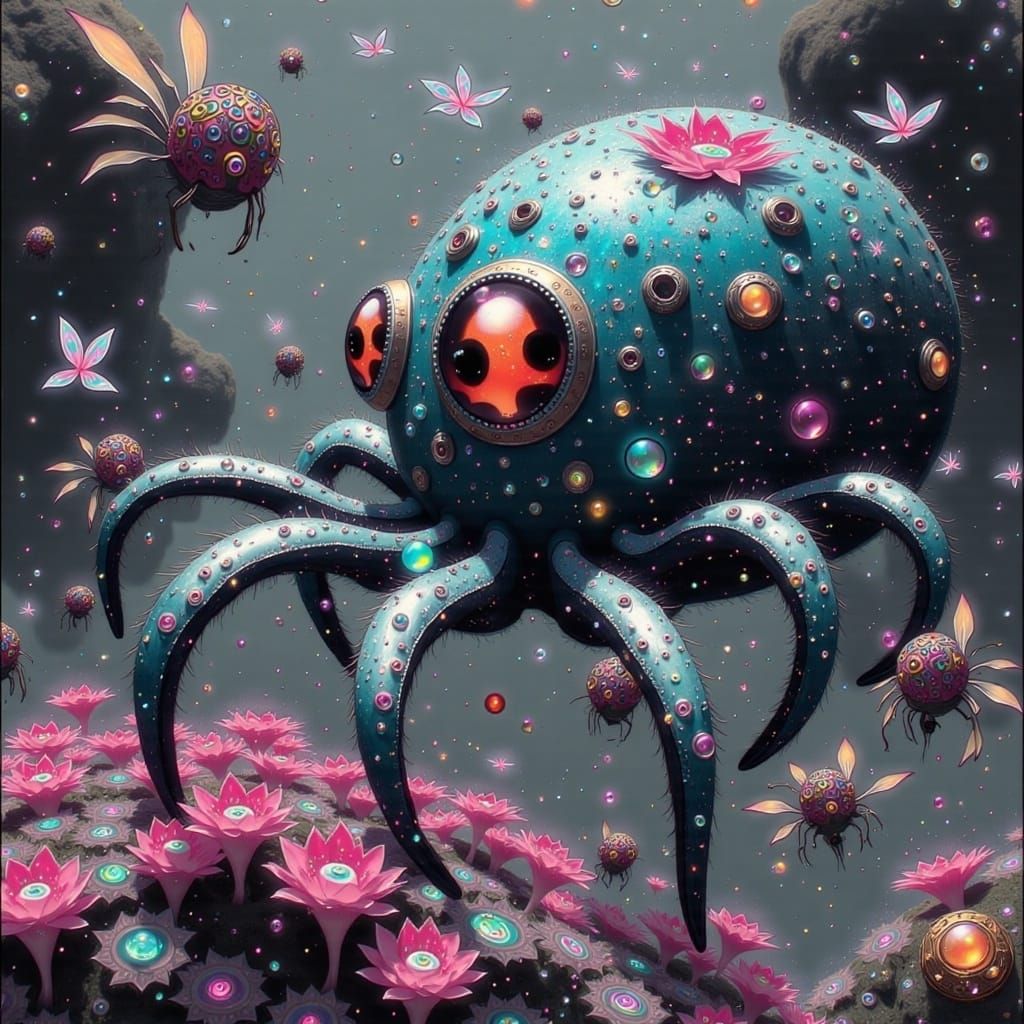 Whimsical Octopus-Spider Hybrid in Vibrant Cloudscape
