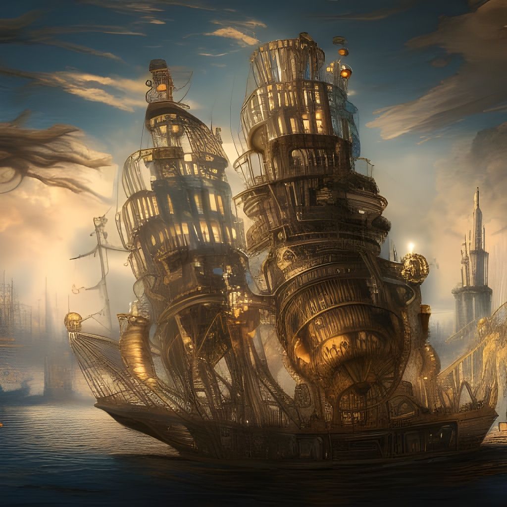 Detailed Steampunk Ship Digital Illustration
