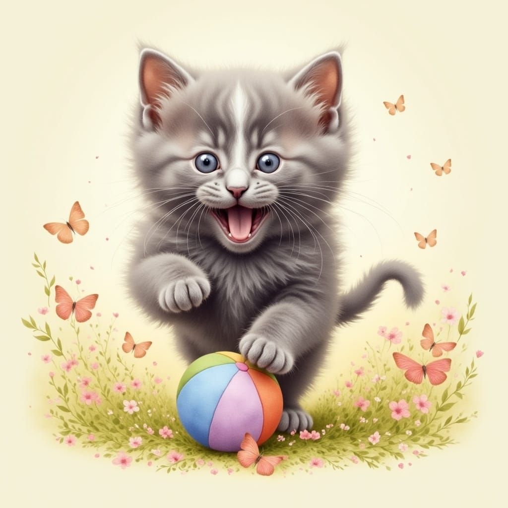 Chubby Kitten Plays with Vibrant Ball in Whimsical Scene