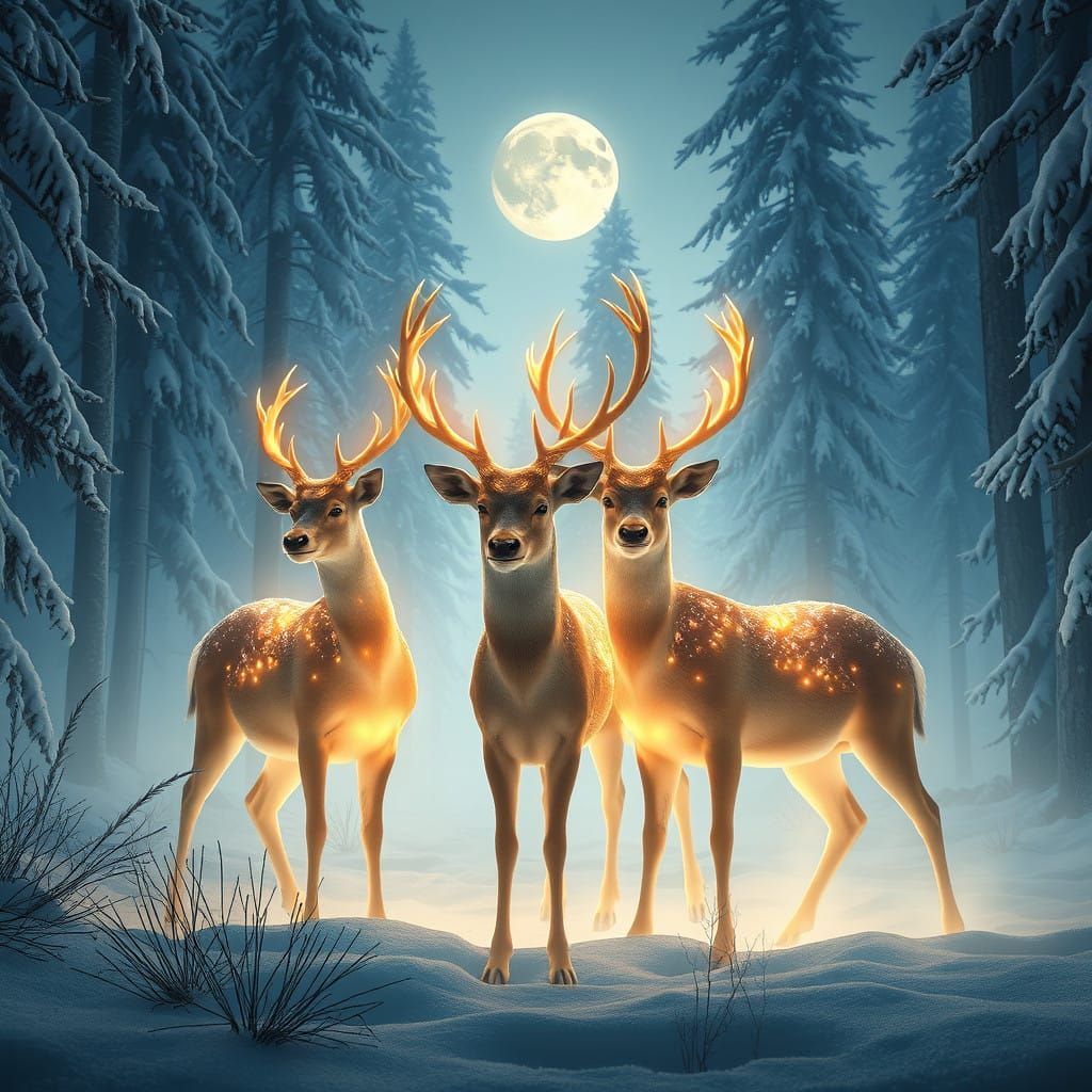 Mystical Winter Forest with Radiant Deer in Soft Moonlight