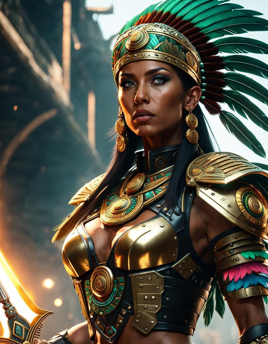 Aztec Warrior Woman with Flaming Sword in Cyberpunk Style