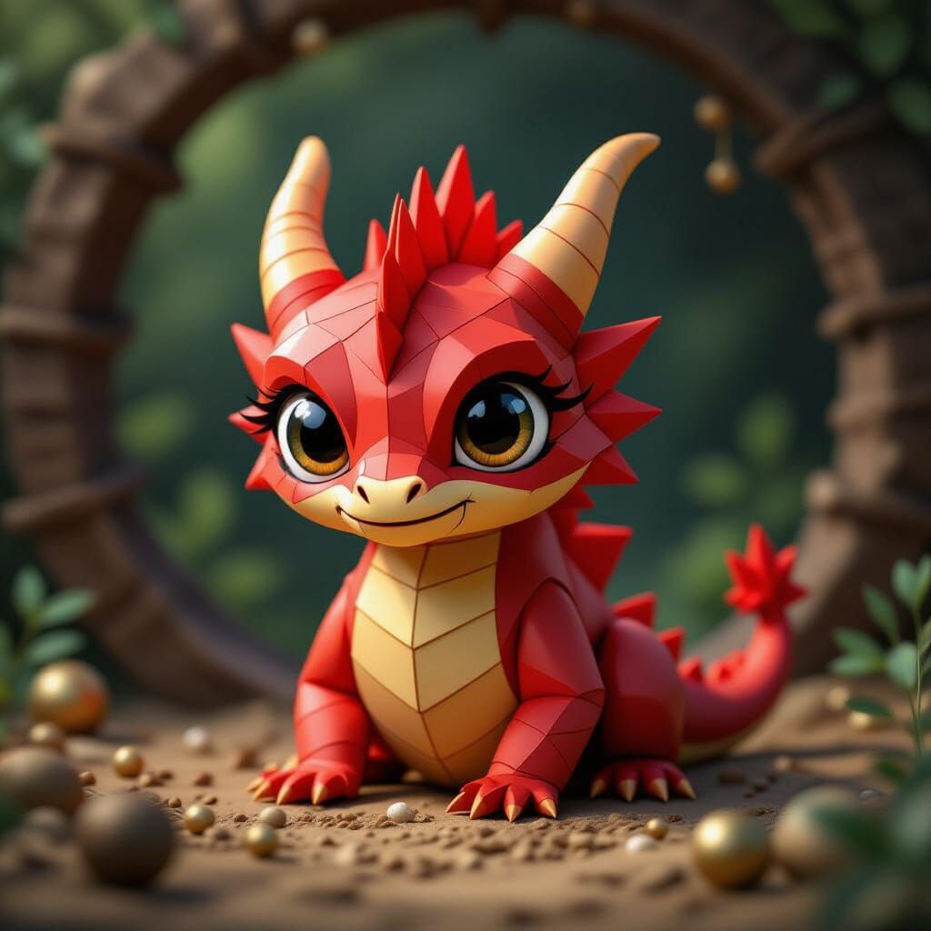 Origami Red Dragon with Treasures, Natural Lighting