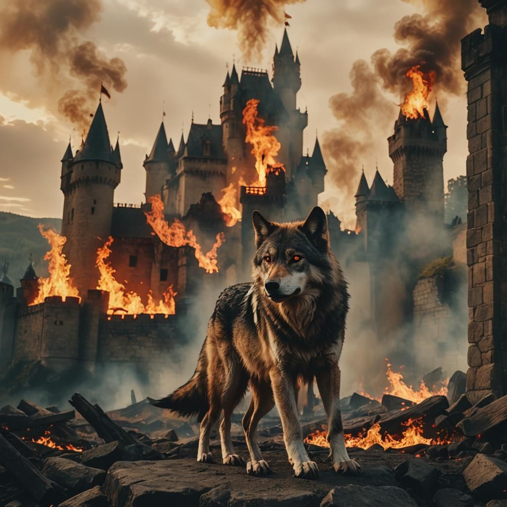 Fiery Winged Wolf Stands Guard Over Burning Castle