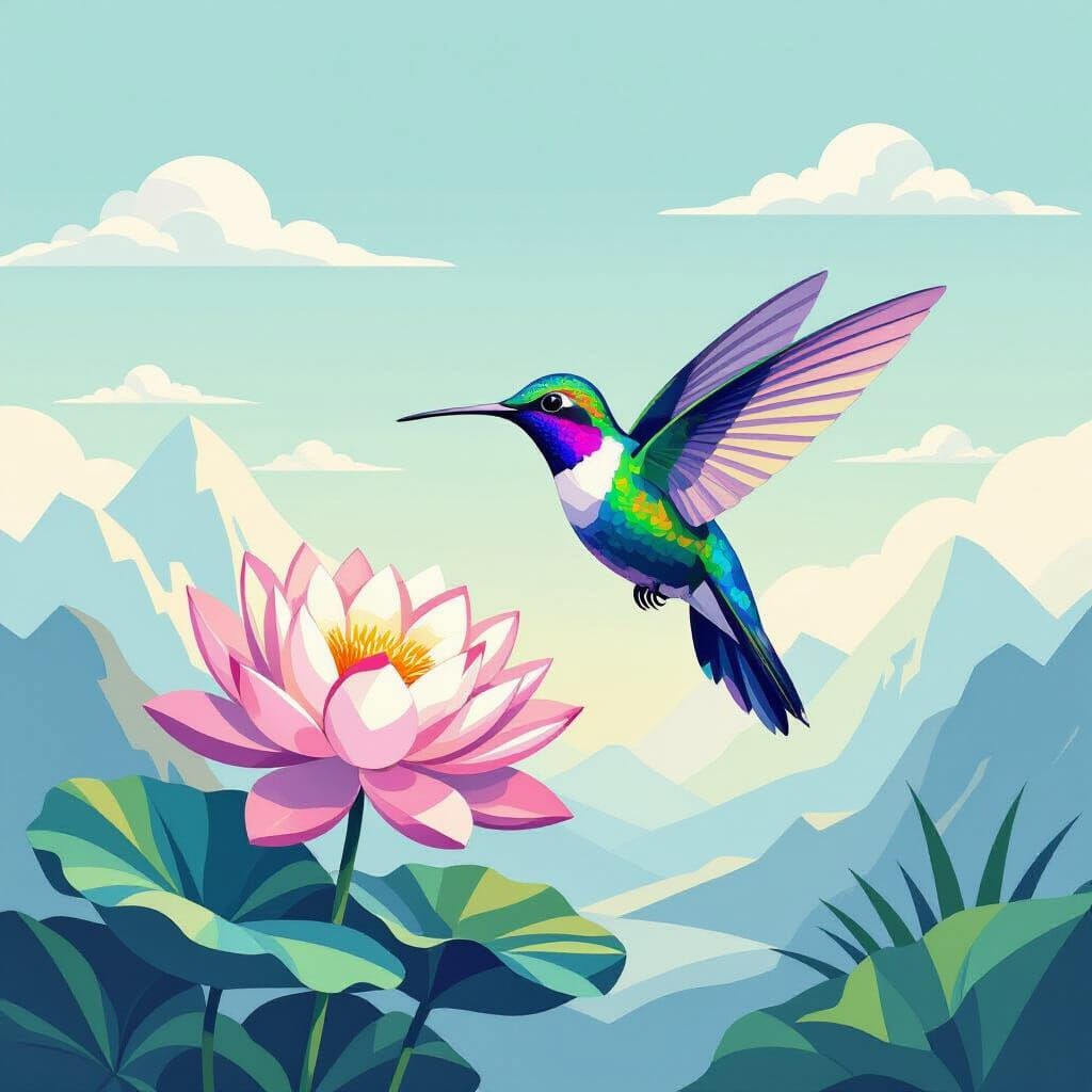Geometric Hummingbird with Iridescent Feathers, Digital Art