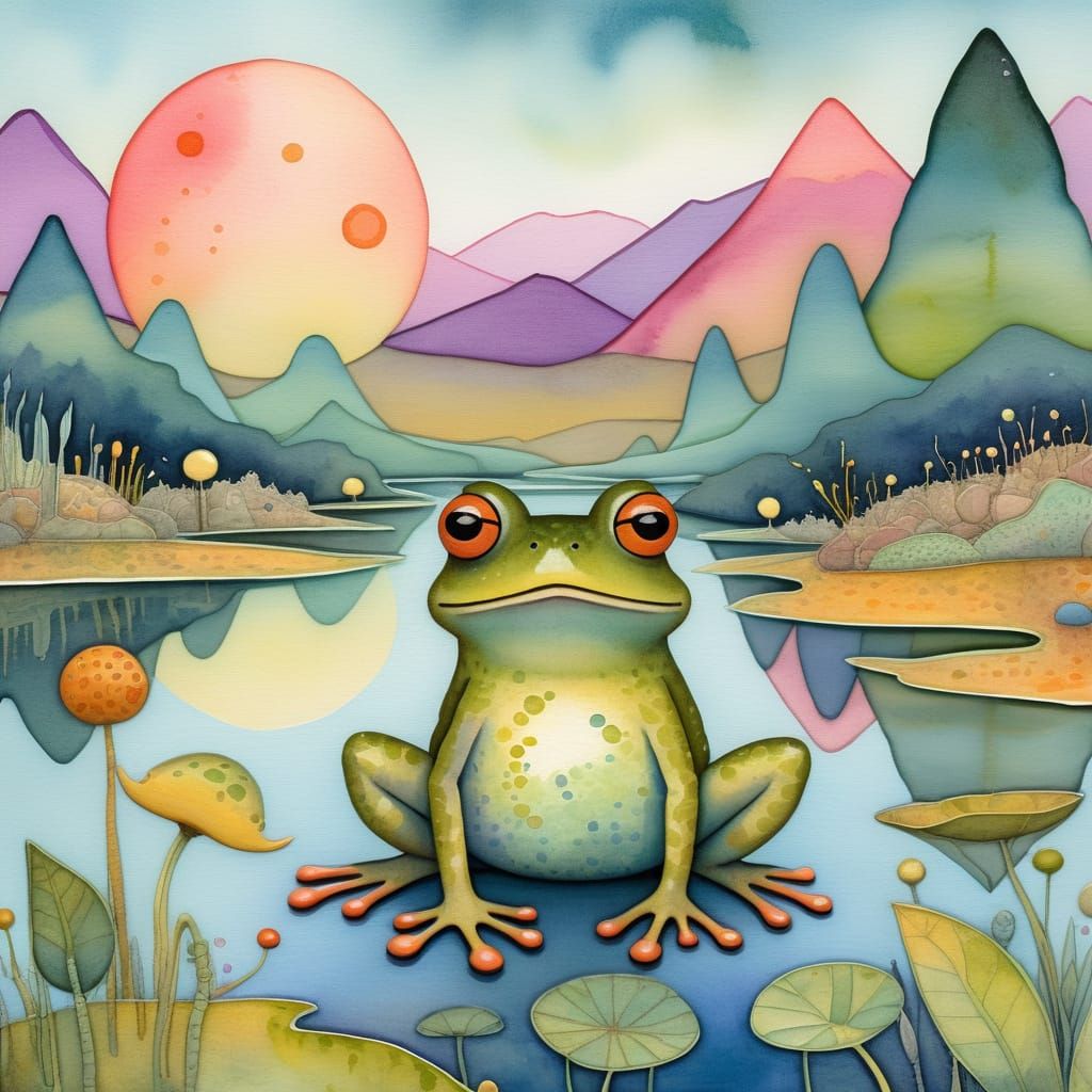 Surprised Frog in Surreal Watercolor Landscape
