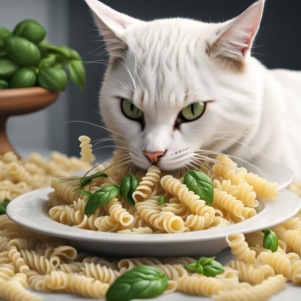 Cat Eating Pasta with Basil and White Sauce