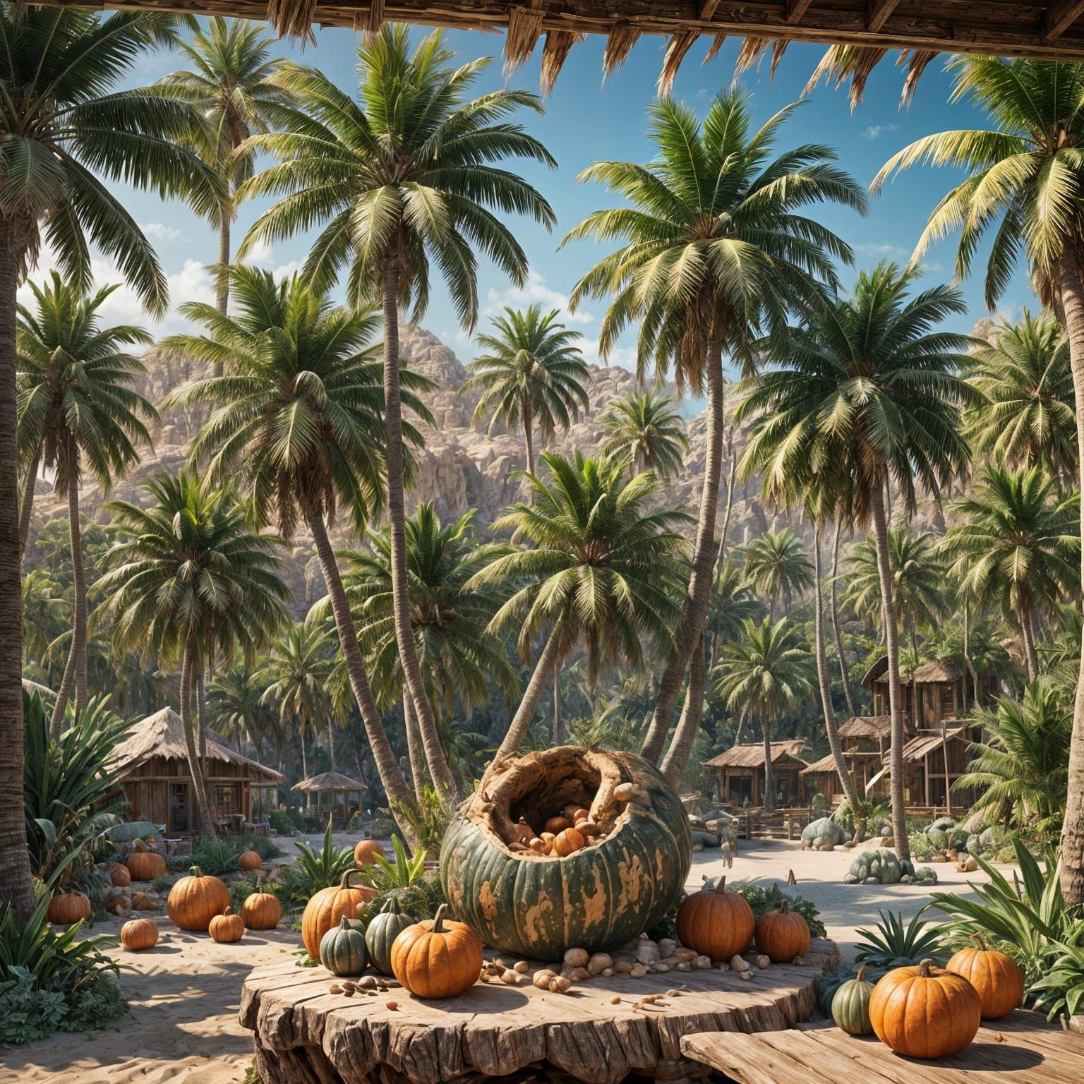 Detailed Palm Tree Carving in Gourd Landscape