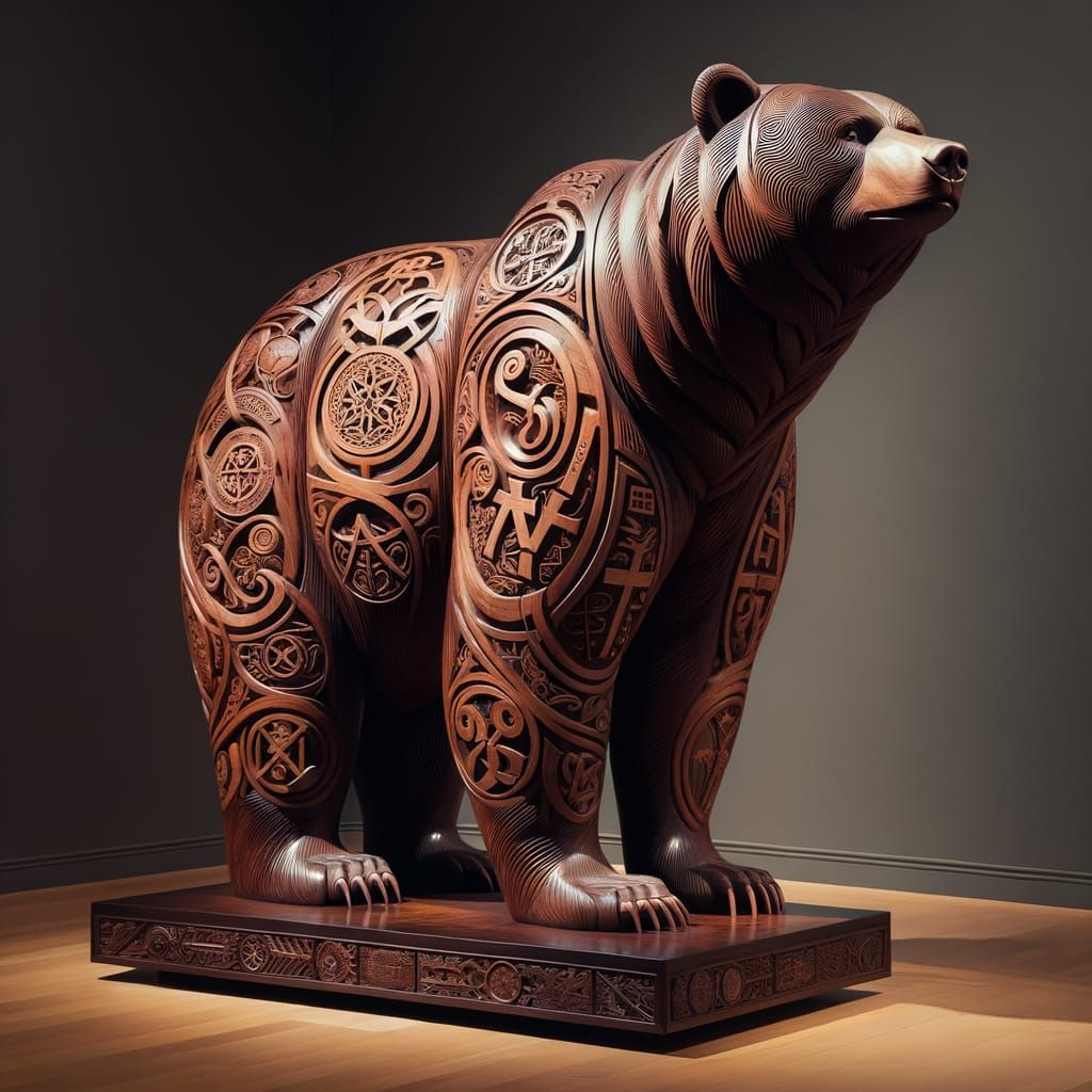 Intricately Carved Wooden Bear Sculpture
