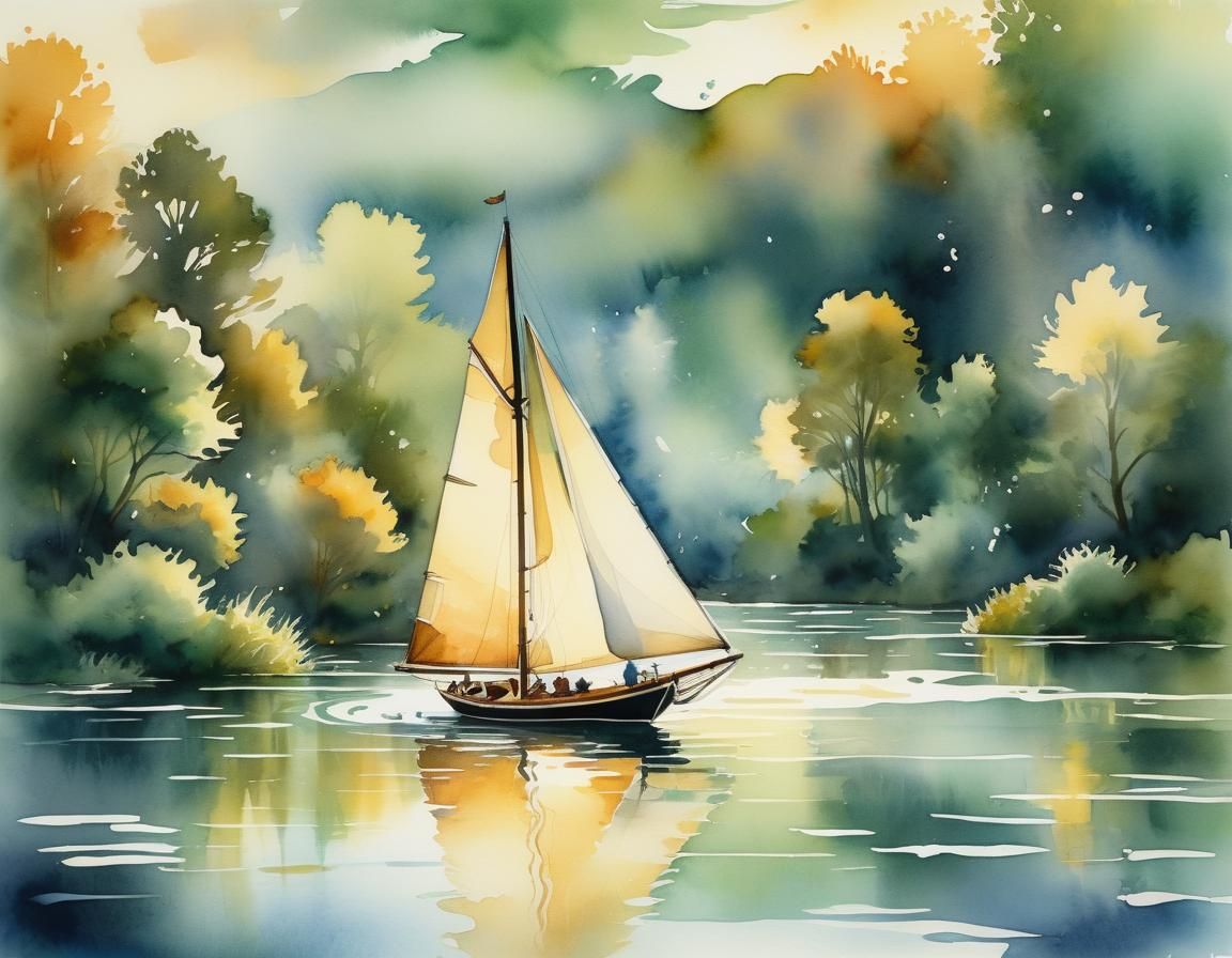 Sailing Boat in Gustav Klimt Inspired Watercolor Style