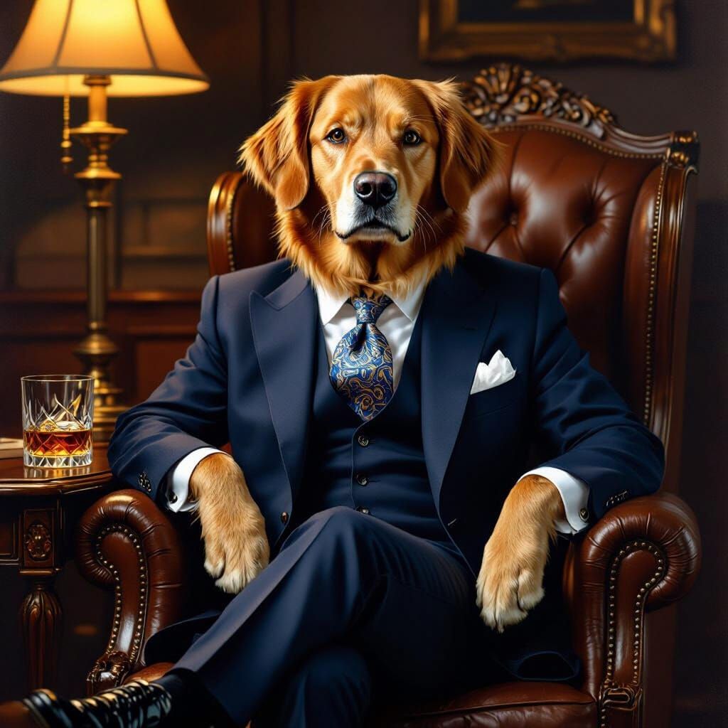 Distinguished Golden Retriever in Suit Sits Regally