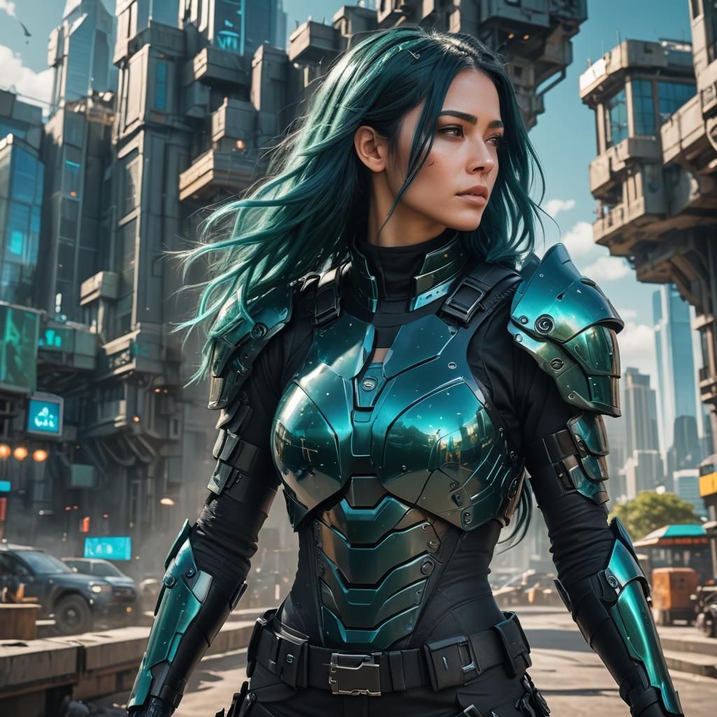 Aqua Haired Woman in Sci-Fi City Fashion Photo