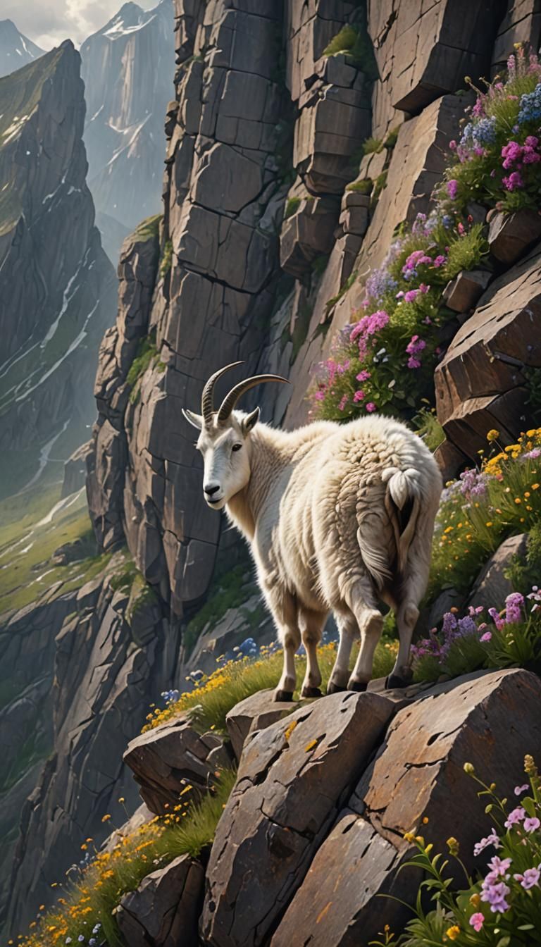 Mountain Goat with Wildflowers: Digital Matte Painting